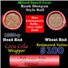 Image 1 : Mixed small cents 1c orig shotgun roll, 1920-p Lincoln Cent, Wheat Cent other end, Coca Cola Brandt 