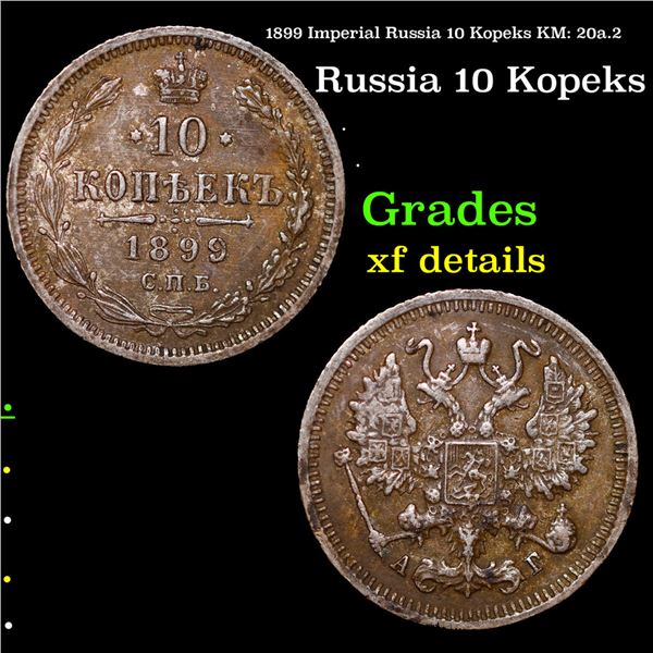 1899 Imperial Russia 10 Kopeks KM: 20a.2 Grades xf details