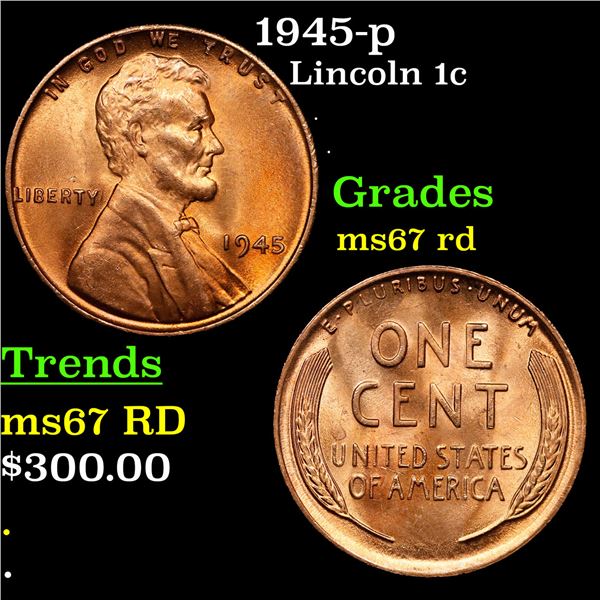 1945-p Lincoln Cent 1c Grades GEM++ Unc RD