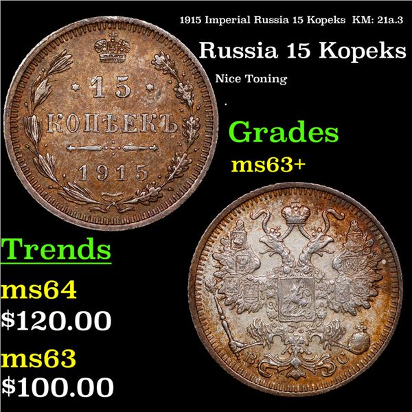 1915 Imperial Russia 15 Kopeks  KM: 21a.3 Grades Select+ Unc