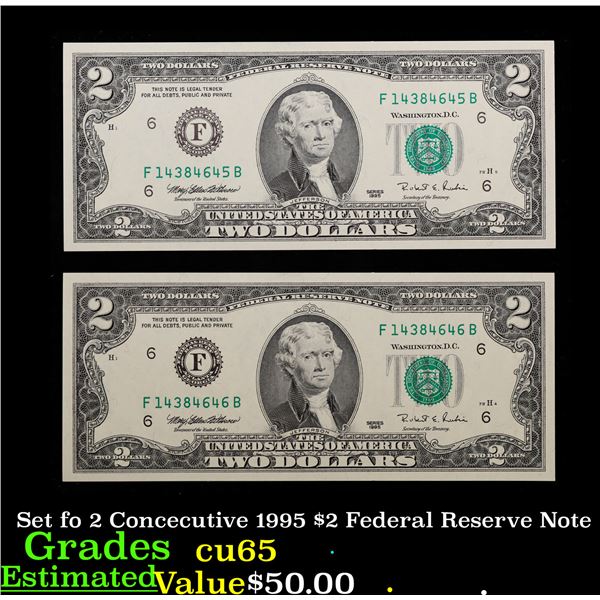 Set fo 2 Concecutive 1995 $2 Federal Reserve Note Grades Gem CU