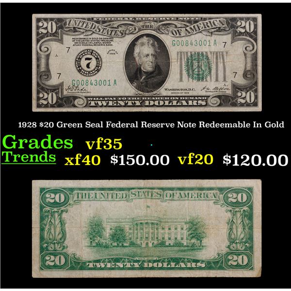 1928 $20 Green Seal Federal Reserve Note Redeemable In Gold Grades vf++