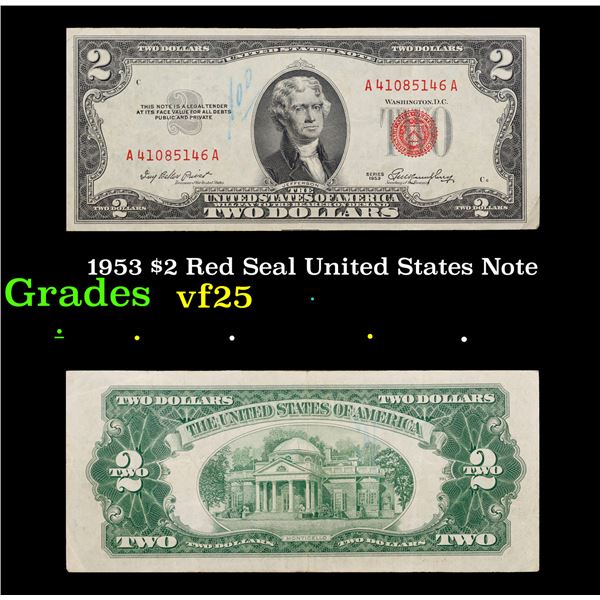 1953 $2 Red Seal United States Note Grades vf+