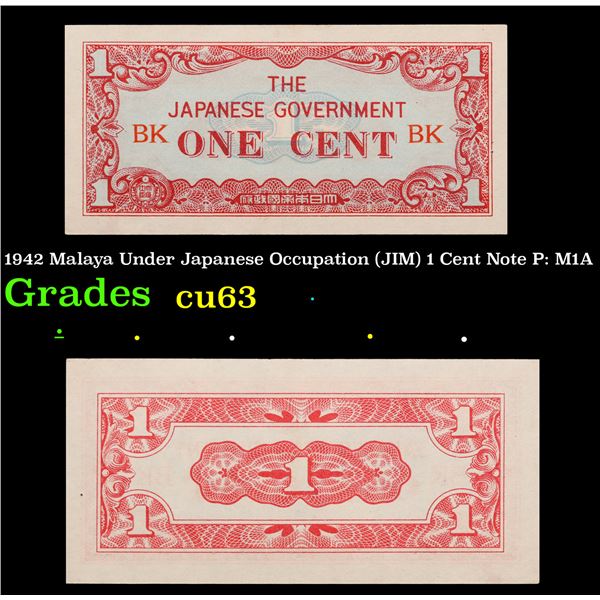 1942 Malaya Under Japanese Occupation (JIP) 1 Cent Note P: M1A Grades Select CU