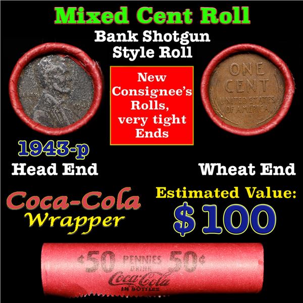 Mixed small cents 1c orig shotgun roll,  Wheat Cent, 1943-p Cent other end, Coca Cola Brandt Wrapper