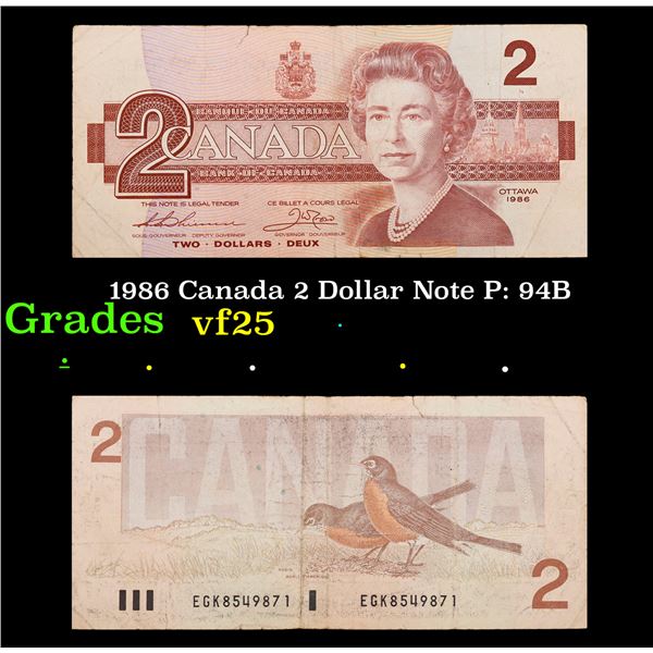 1986 Canada 2 Dollar Note P: 94B Grades vf+