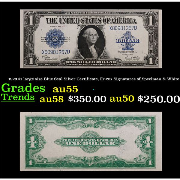 1923 $1 large size Blue Seal Silver Certificate, Fr-237 Signatures of Speelman & White Grades Choice