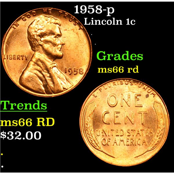 1958-p Lincoln Cent 1c Grades GEM+ Unc RD