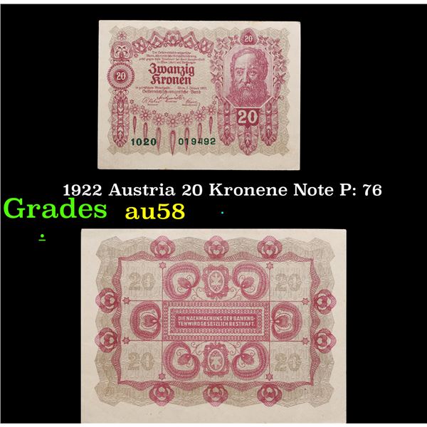 1922 Austria 20 Kronene Note P: 76 Grades Choice AU/BU Slider