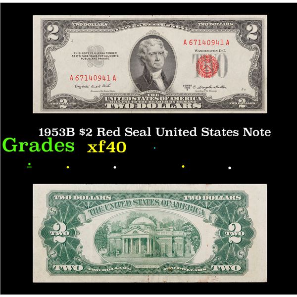1953B $2 Red Seal United States Note Grades xf