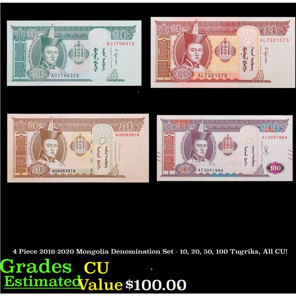 4 Piece 2016-2020 Mongolia Denomination Set - 10, 20, 50, 100 Tugriks, All CU! Grades CU