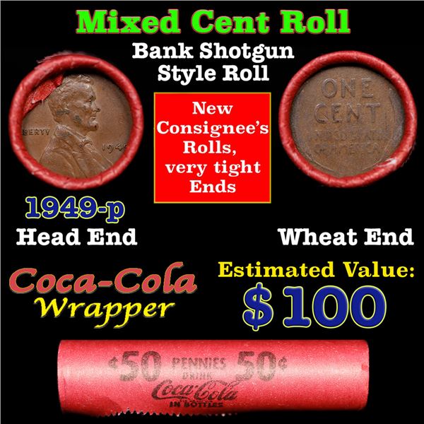 Mixed small cents 1c orig shotgun roll,  Wheat Cent, 1949-p Lincoln Cent other end, Coca Cola Brandt