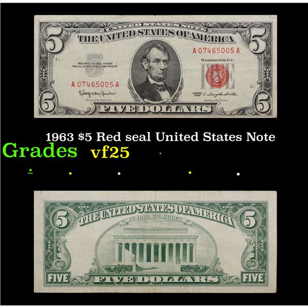 1963 $5 Red seal United States Note Grades vf+