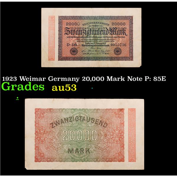 1923 Weimar Germany 20,000 Mark Note P: 85E Grades Select AU