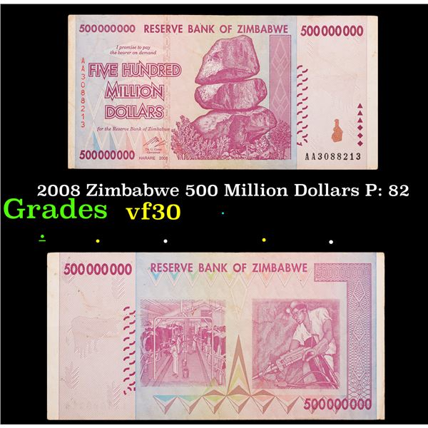 2008 Zimbabwe 500 Million Dollars P: 82 Grades vf++