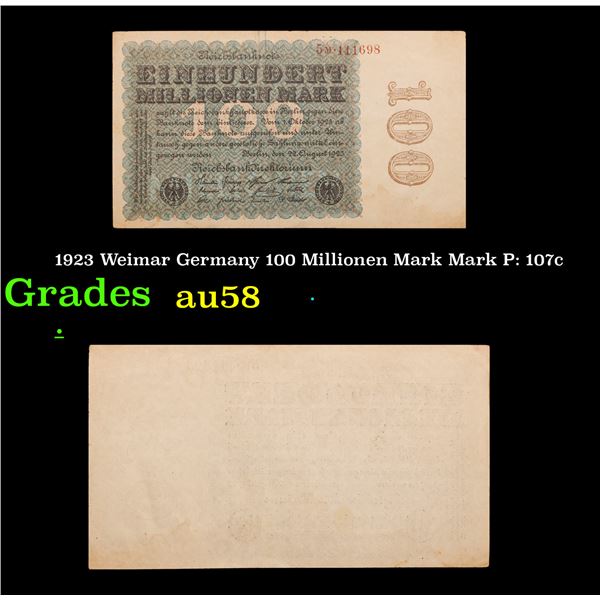 1923 Weimar Germany 100 Millionen Mark Mark P: 107c Grades Choice AU/BU Slider