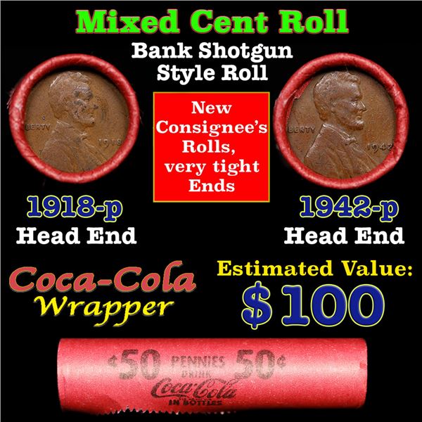 Mixed small cents 1c orig shotgun roll, 1942-p Lincoln Cent,1918-p Lincoln Cent other end, Coca Cola