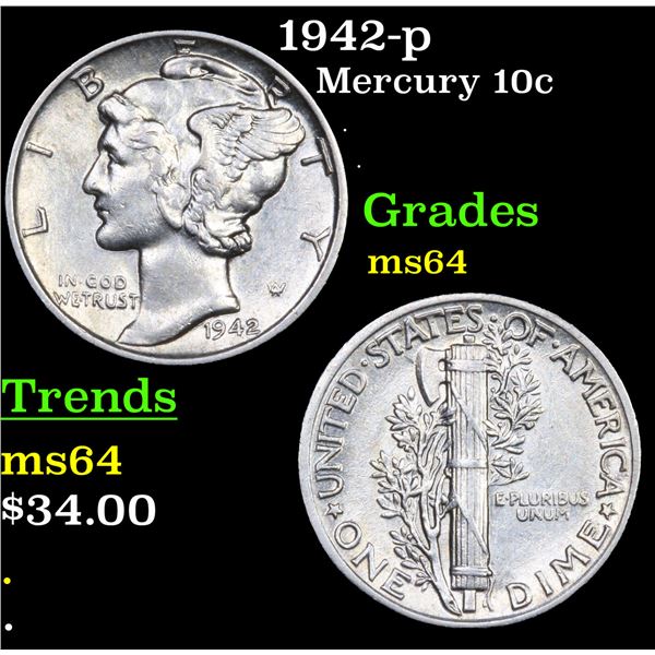 1942-p Mercury Dime 10c Grades Choice Unc