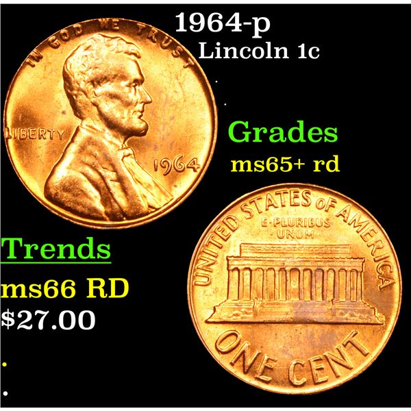 1964-p Lincoln Cent 1c Grades Gem+ Unc RD