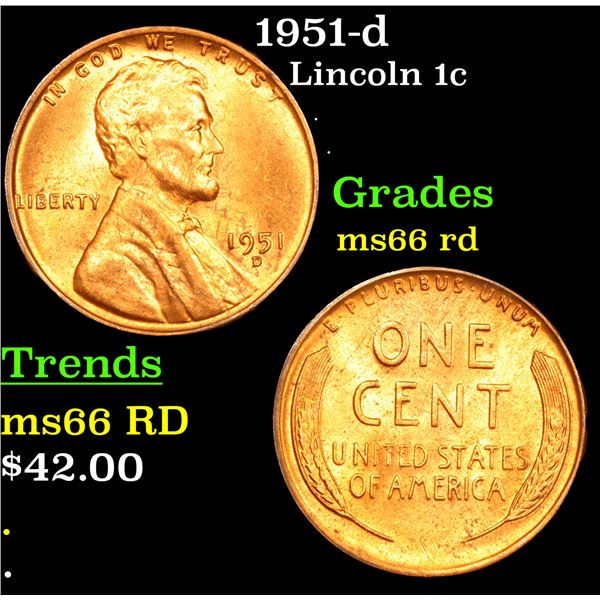 1951-d Lincoln Cent 1c Grades GEM+ Unc RD