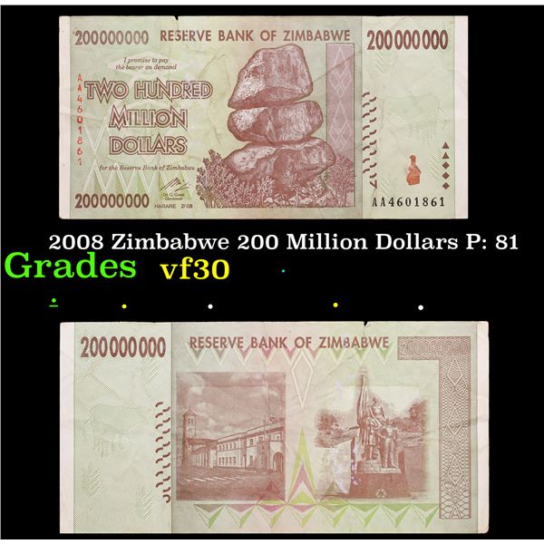 2008 Zimbabwe 200 Million Dollars P: 81 Grades vf++