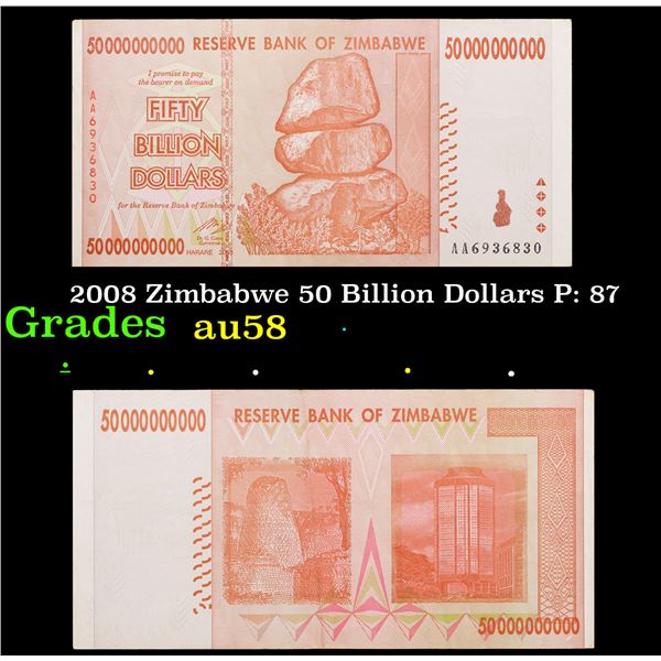 2008 Zimbabwe 50 Billion Dollars P: 87 Grades Choice AU/BU Slider