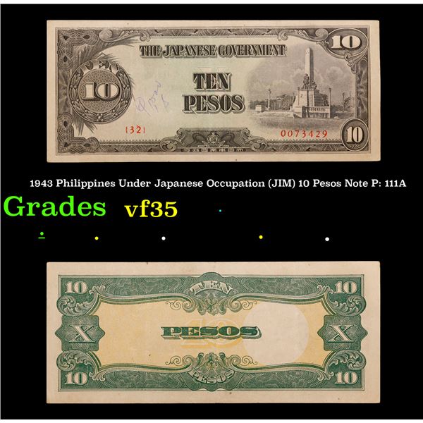 1943 Philippines Under Japanese Occupation (JIP) 10 Pesos Note P: 111A Grades vf++