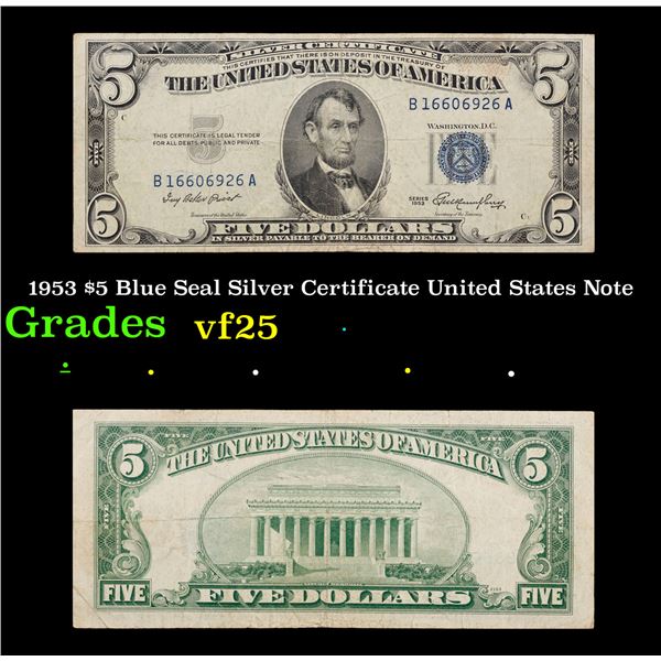 1953 $5 Blue Seal Silver Certificate United States Note Grades vf+