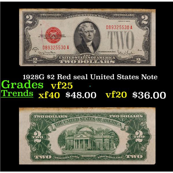 1928G $2 Red seal United States Note Grades vf+