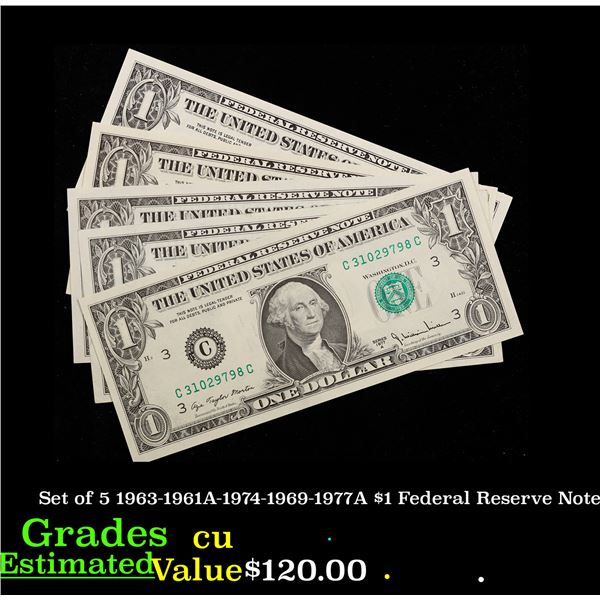 Set of 5 1963-1961A-1974-1969-1977A $1 Federal Reserve Note Grades CU