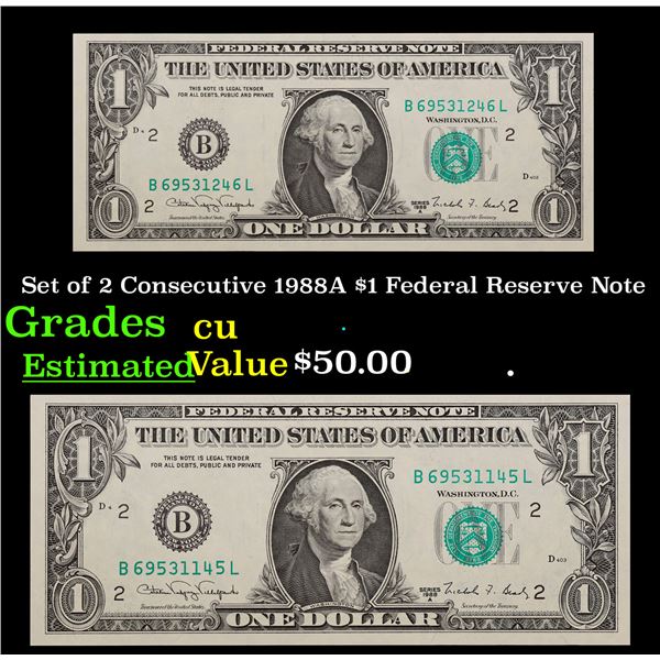 Set of 2 Consecutive 1988A $1 Federal Reserve Note Grades CU