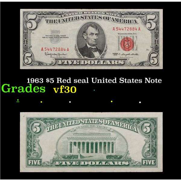 1963 $5 Red seal United States Note Grades vf++