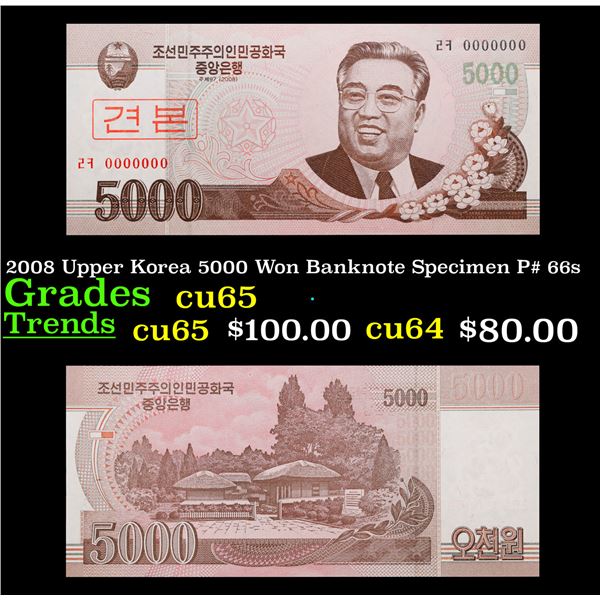 2008 Upper Korea 5000 Won Banknote Specimen P# 66s Grades Gem CU