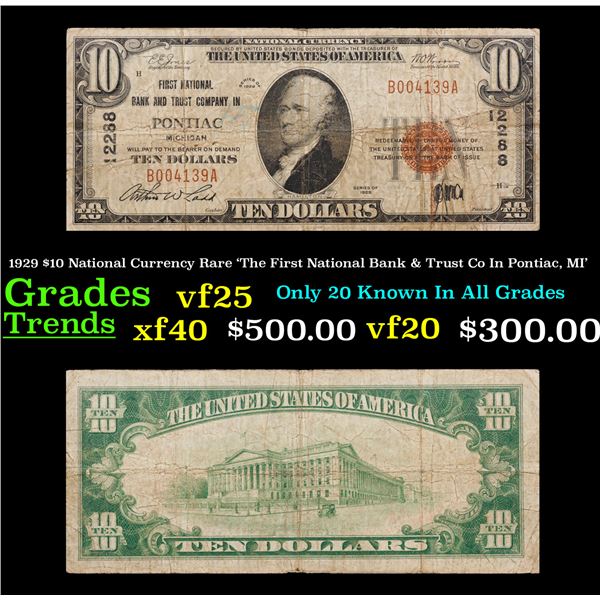 1929 $10 National Currency Rare 'The First National Bank & Trust Co In Pontiac, MI' Grades vf+