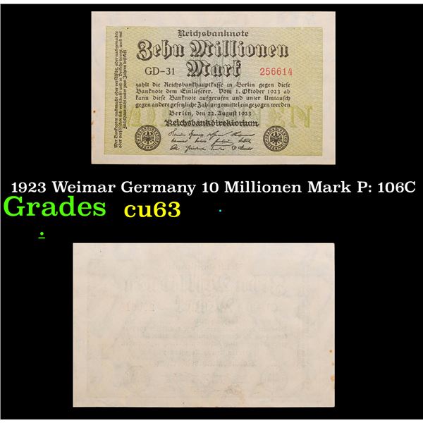 1923 Weimar Germany 10 Millionen Mark P: 106C Grades Select CU