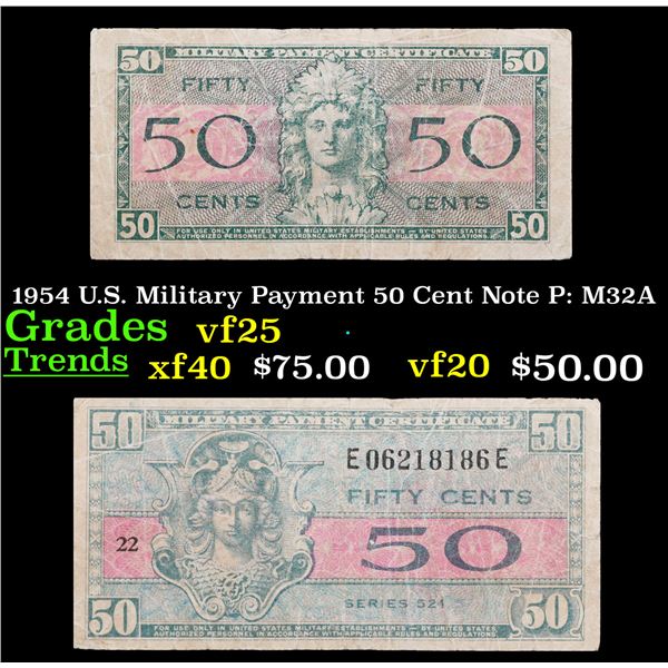 1954 U.S. Military Payment 50 Cent Note P: M32A Grades vf+