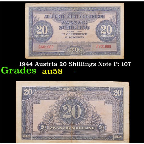 1944 Austria 20 Shillings Note P: 107 Grades Choice AU/BU Slider