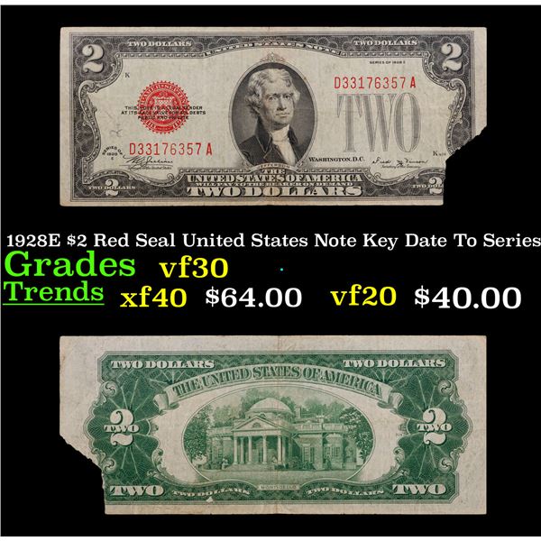 1928E $2 Red Seal United States Note Key Date To Series Grades vf++