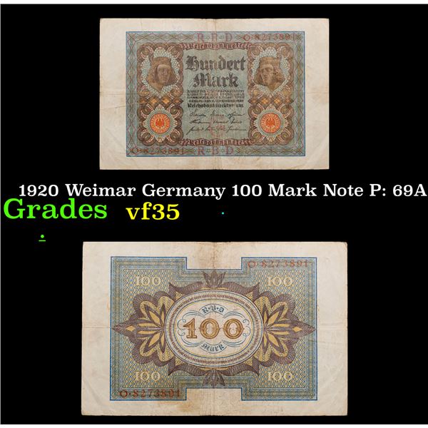 1920 Weimar Germany 100 Mark Note P: 69A Grades vf++