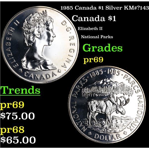 Proof 1985 Canada $1 Silver Canada Dollar KM#?143 $1 Grades GEM++ Proof