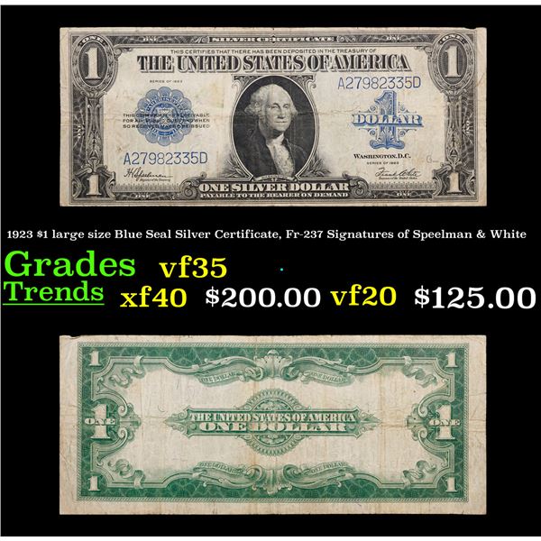 1923 $1 large size Blue Seal Silver Certificate, Fr-237 Signatures of Speelman & White Grades vf++