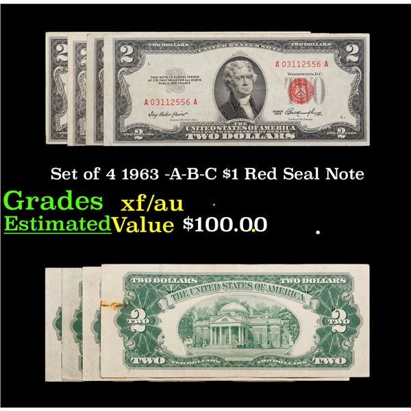 Set of 4 1963 -A-B-C $1 Red Seal Note Grades XF/AU