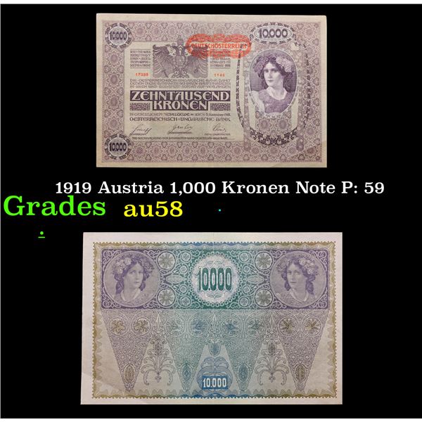 1919 Austria 1,000 Kronen Note P: 59 Grades Choice AU/BU Slider