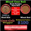 Image 1 : Mixed small cents 1c orig shotgun roll,  Wheat Cent, 1927-p LIncoln Cent other end, Coca Cola Brandt