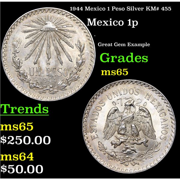 1944 Mexico 1 Peso Silver KM# 455 Grades GEM Unc