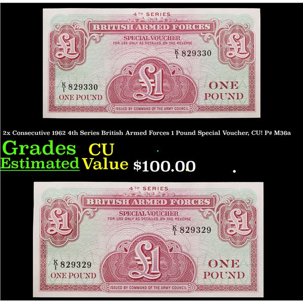 2x Consecutive 1962 4th Series British Armed Forces 1 Pound Special Voucher, CU! P# M36a Grades CU