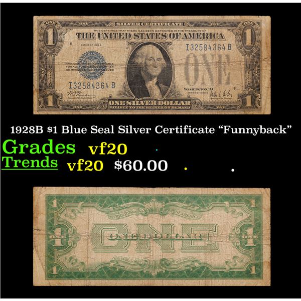 1928B $1 Blue Seal Silver Certificate "Funnyback" Grades vf, very fine