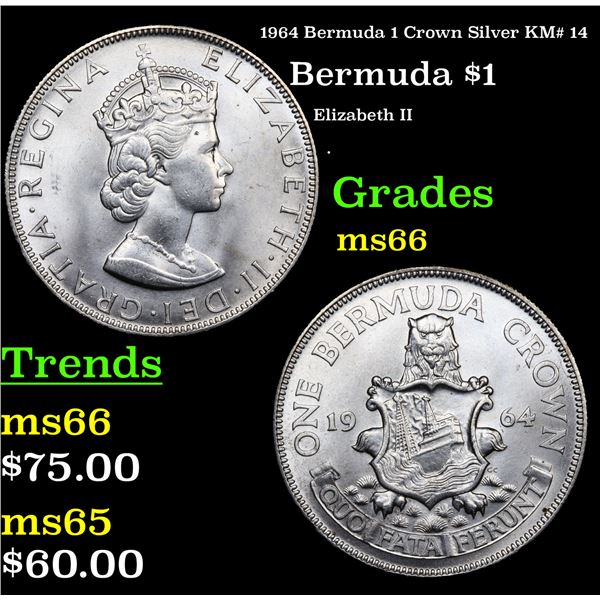 1964 Bermuda 1 Crown Silver KM# 14 Grades GEM+ Unc