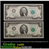 Image 1 : 2x Consecutive 1976 $2 Green Seal Federal Reserve Notes (Philadelphia, PA), CU! Grades Gem+ CU