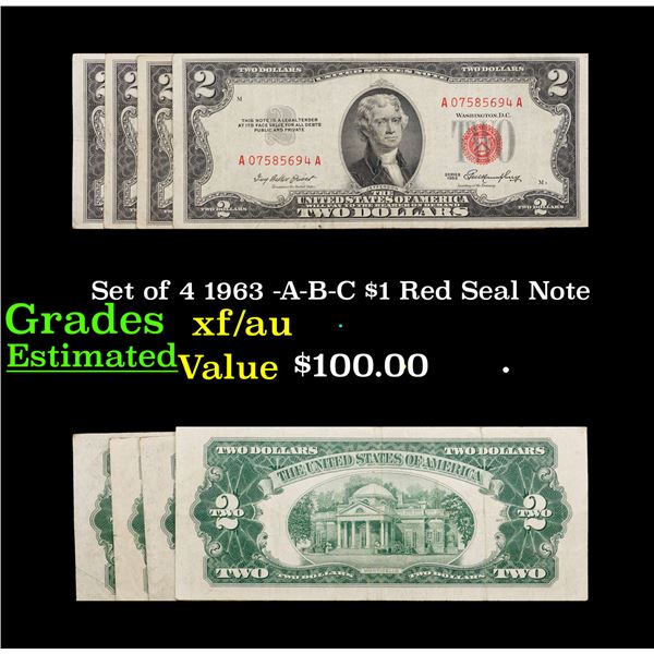 Set of 4 1963 -A-B-C $1 Red Seal Note Grades XF/AU